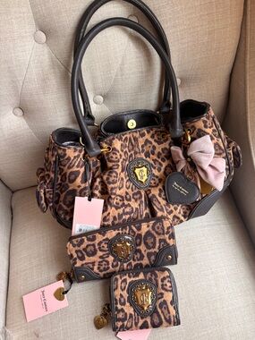 Juicy Couture Leopard Print Satchel Set with Pink Bow Accents